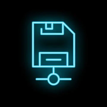 Neon floppy disk icon glowing on dark background representing data storage Stock Illustration