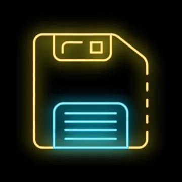 Neon floppy disk shining on black background Stock Illustration