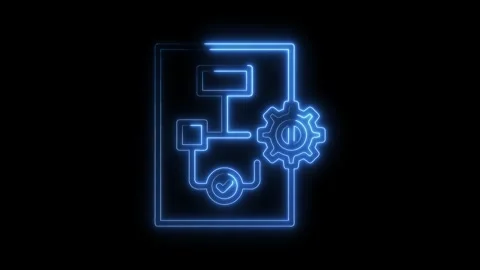 Neon flowchart animation with gear and checkmark icon on dark background for Stock Footage 322967796