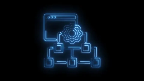 Neon flowchart animation showing algorithm concept with gear icon and websi.. 스톡 동영상 346003108