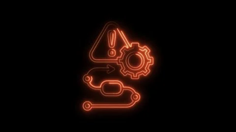 Neon flowchart with warning sign and gear symbol animation on black backgroun Stock Footage 312317514