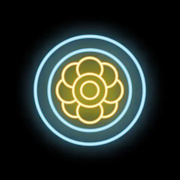 Neon flower shining inside glowing circles on black background Stock Illustration