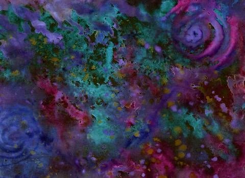 Neon fluid blue, violet and green watercolor background with spiral circular Stock Illustration