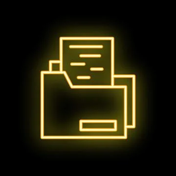 Neon folder icon with document displaying on black background 库存插图