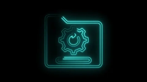 Neon folder icon with gear and arrow for settings and updates on black Stock Footage 322974983