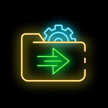 Neon folder icon with gear and right arrow representing data processing 스톡 일러스트