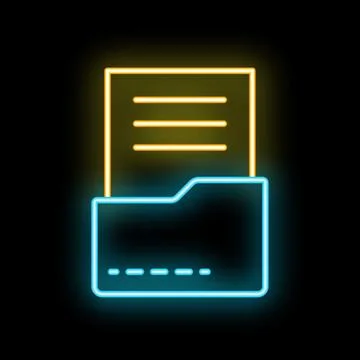 Neon folder icon glowing on dark background storing documents Illustrazione stock