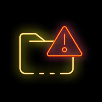 Neon folder icon showing warning sign on black background 스톡 일러스트