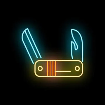 Neon folding pocket knife multi tool glowing line art 스톡 일러스트