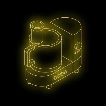 Neon food processor glowing on black background 스톡 일러스트