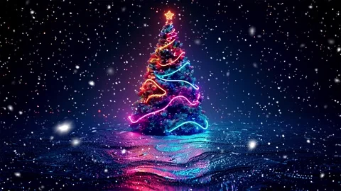 Neon forest. Snow forest. Falling snowflakes. Looped snow. Midnight forest. Stock Footage 269598162