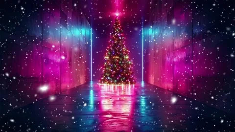 Neon forest. Snow forest. Falling snowflakes. Looped snow. Midnight forest. Vídeo Stock 269598456