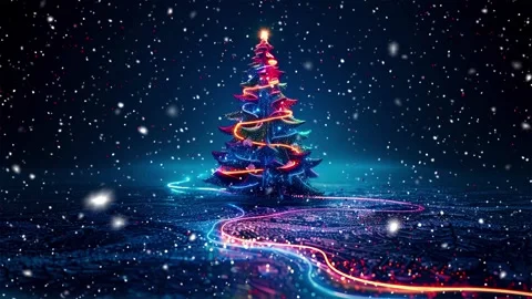 Neon forest. Snow forest. Falling snowflakes. Looped snow. Midnight forest. Stock Footage 269598675