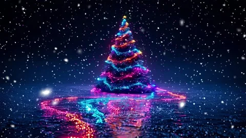 Neon forest. Snow forest. Falling snowflakes. Looped snow. Midnight forest. Stock Footage 269598684