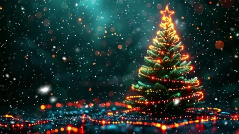 Neon forest. Snow forest. Falling snowflakes. Looped snow. Midnight forest. Stock Footage 269598858