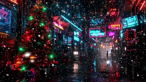 Neon forest. Snow forest. Falling snowflakes. Looped snow. Midnight forest. Stock Footage 269599001