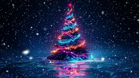 Neon forest. Snow forest. Falling snowflakes. Looped snow. Midnight forest. Stock Footage 269600237