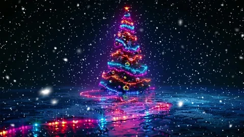 Neon forest. Snow forest. Falling snowflakes. Looped snow. Midnight forest. Stock Footage 269600447