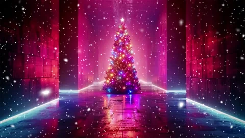 Neon forest. Snow forest. Falling snowflakes. Looped snow. Midnight forest. Stock Footage 269600581