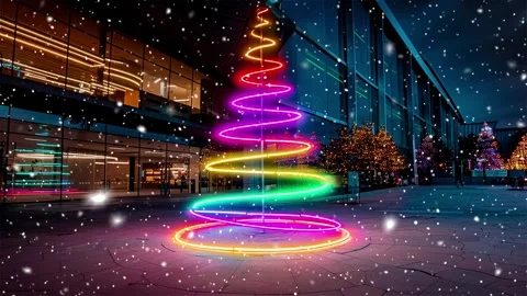 Neon forest. Snow forest. Falling snowflakes. Looped snow. Midnight forest. Stock Footage 269602138