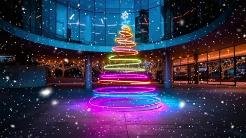 Neon forest. Snow forest. Falling snowflakes. Looped snow. Midnight forest. Stock Footage 269605109