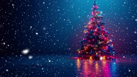 Neon forest. Snow forest. Falling snowflakes. Looped snow. Midnight forest. Stock Footage 269606740