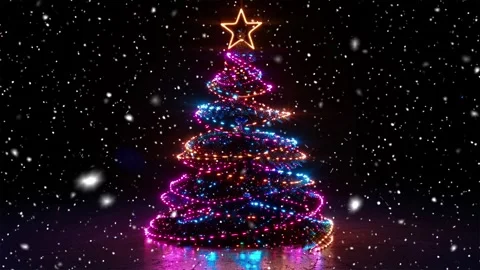 Neon forest. Snow forest. Falling snowflakes. Looped snow. Midnight forest. Stock Footage 269606755