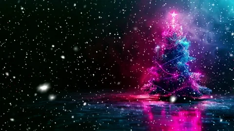 Neon forest. Snow forest. Falling snowflakes. Looped snow. Midnight forest. Stock Footage 269610086