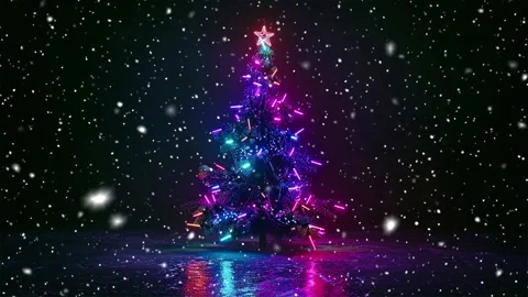 Neon forest. Snow forest. Falling snowflakes. Looped snow. Midnight forest. Stock Footage 269610440