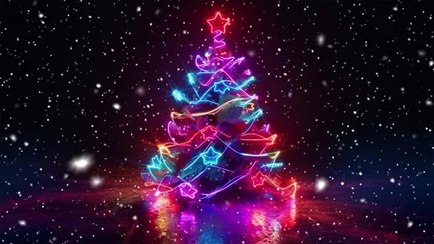 Neon forest. Snow forest. Falling snowflakes. Looped snow. Midnight forest. Stock Footage 269611421