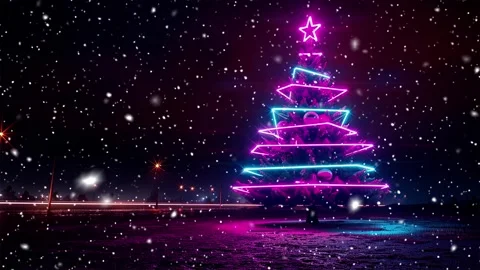 Neon forest. Snow forest. Falling snowflakes. Looped snow. Midnight forest. Stock Footage 269611596