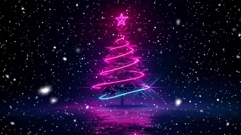 Neon forest. Snow forest. Falling snowflakes. Looped snow. Midnight forest. Stock Footage 269611598
