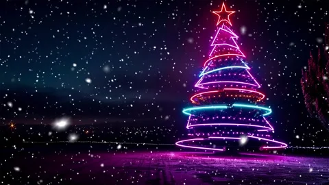 Neon forest. Snow forest. Falling snowflakes. Looped snow. Midnight forest. Stock Footage 269611622