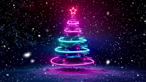 Neon forest. Snow forest. Falling snowflakes. Looped snow. Midnight forest. Stock Footage 269611660