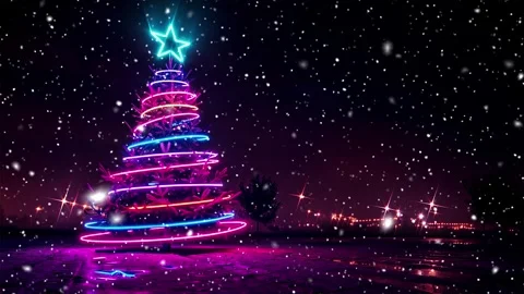 Neon forest. Snow forest. Falling snowflakes. Looped snow. Midnight forest. Stock Footage 269611816