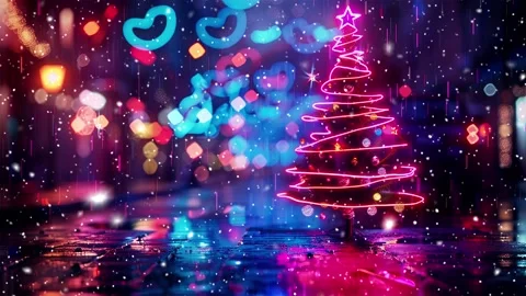 Neon forest. Snow forest. Falling snowflakes. Looped snow. Midnight forest. Stock Footage 269611833
