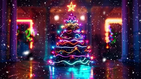 Neon forest. Snow forest. Falling snowflakes. Looped snow. Midnight forest. Stock Footage 269611914