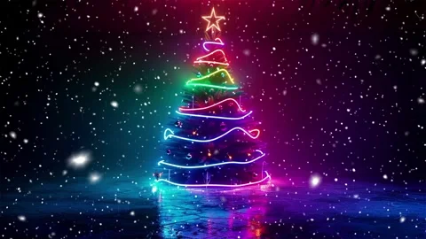 Neon forest. Snow forest. Falling snowflakes. Looped snow. Midnight forest. Stock Footage 269612053