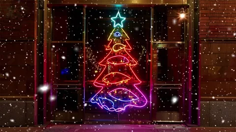 Neon forest. Snow forest. Falling snowflakes. Looped snow. Midnight forest. Stock Footage 269612089