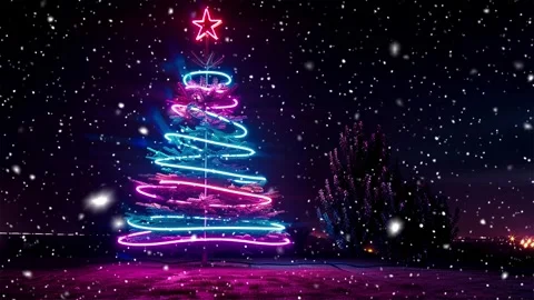 Neon forest. Snow forest. Falling snowflakes. Looped snow. Midnight forest. Stock Footage 269612093