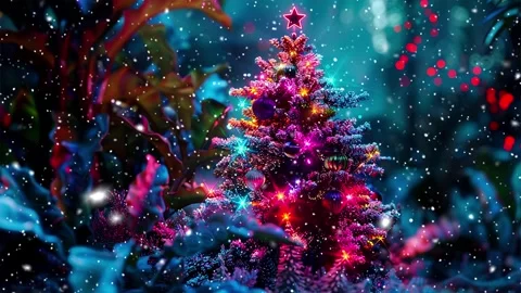 Neon forest. Snow forest. Falling snowflakes. Looped snow. Midnight forest. Stock Footage 269612149