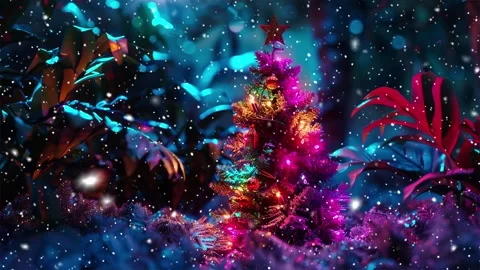 Neon forest. Snow forest. Falling snowflakes. Looped snow. Midnight forest. Stock Footage 269612316