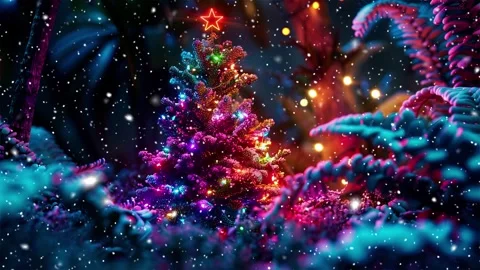 Neon forest. Snow forest. Falling snowflakes. Looped snow. Midnight forest. Stock Footage 269612323