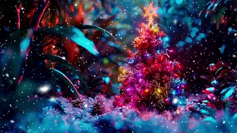 Neon forest. Snow forest. Falling snowflakes. Looped snow. Midnight forest. Stock Footage 269612331