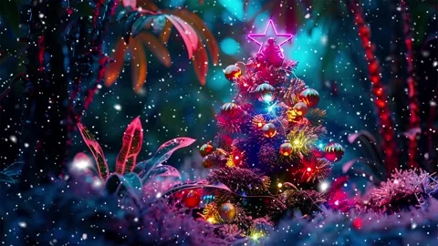 Neon forest. Snow forest. Falling snowflakes. Looped snow. Midnight forest. Stock Footage 269612512