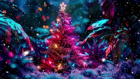 Neon forest. Snow forest. Falling snowflakes. Looped snow. Midnight forest. Stock Footage 269612552