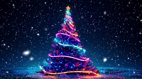Neon forest. Snow forest. Falling snowflakes. Looped snow. Midnight forest. Stock Footage 269612553