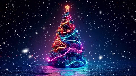 Neon forest. Snow forest. Falling snowflakes. Looped snow. Midnight forest. Stock Footage 269612591
