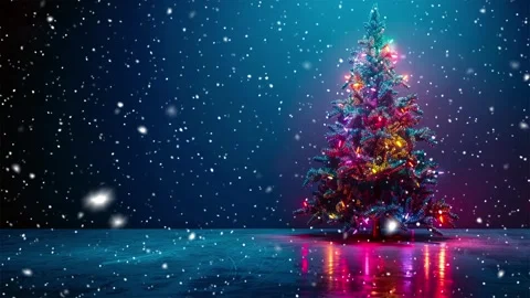 Neon forest. Snow forest. Falling snowflakes. Looped snow. Midnight forest. Stock Footage 269612647