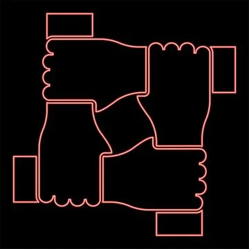 Neon four hands together concept teamwork united teamleading Arm interlocki.. Illustrazione stock
